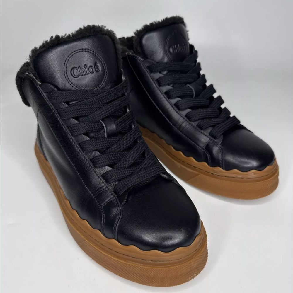 CHLOE Lauren Shearling-Lined Leather Sneakers SZ 35